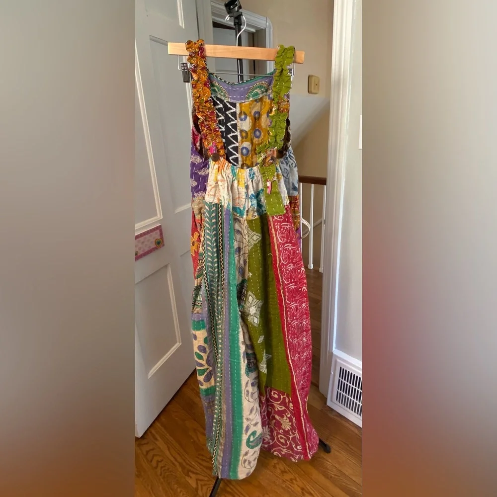 NWT• Reversible Kantha Patchwork Overalls • Handmade Artisan Boho •One-of-a-Kind - Picture 3 of 8